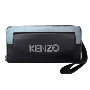 KENZO 前口袋雙色ㄇ字拉鍊長夾(黑銀藍)(附手掛帶)