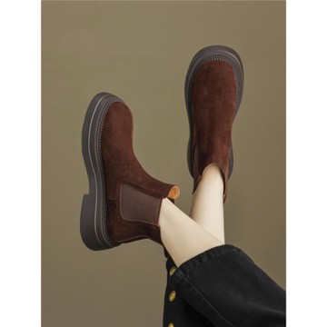 學院風百搭復古磨砂切爾西小短靴女靴及踝靴2024秋松糕厚底馬丁靴