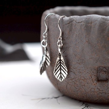 925純銀耳飾江南古典文藝做舊立體樹葉耳環配禮盒1入