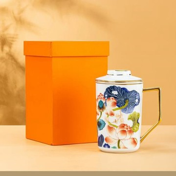 景德鎮高白瓷中式宮廷風三件套泡茶茶杯琺瑯彩帶茶漏女士水杯禮品