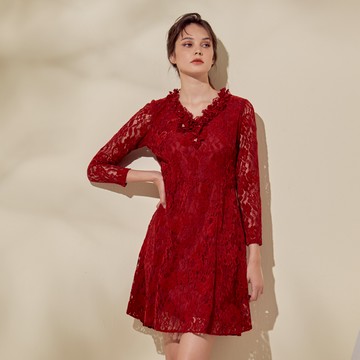 CLL巧玲瓏 蕾絲緹花高貴長袖洋裝 1605329
