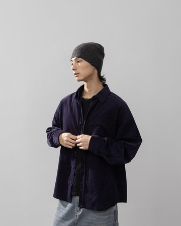 男裝 質感燈芯絨單口袋寬版襯衫-深藍 S-XL