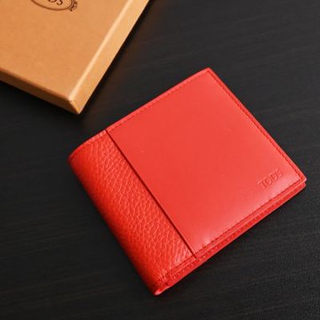 TOD’S 簡約壓印LOGO拼接款實用10卡對開短夾(橘紅)