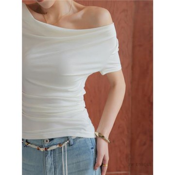 JWUNIQUE酒窩藍色蕩領短袖T恤女2026年夏季新款修身純色氣質上衣