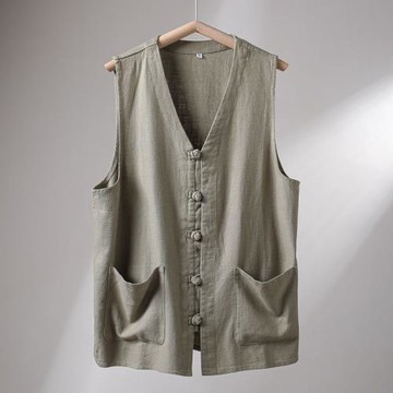 棉麻透氣夏季男士中國風復古盤扣領寬松背心馬甲外套老頭汗衫全棉