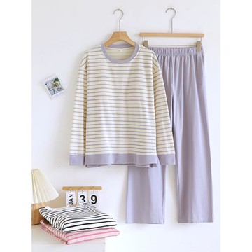 帶胸墊罩杯一體睡衣女春秋夏季純棉條紋長袖長褲家居服套裝可外穿