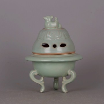 宋 汝窯青釉鴛鴦鏤空三足香爐熏爐 仿宋代舊貨家居古玩裝飾收藏品