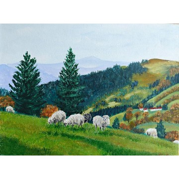 牧場上的綿羊原創風景藝術動物繪畫牆飾 由 RinaArtSK 創作