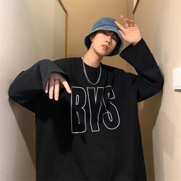 圓領衛衣男春秋長袖t恤ins港風寬松套頭打底衫字母印花休閑上衣潮