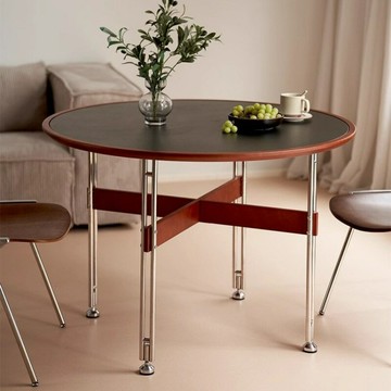 【含稅/免運】 野格圓桌巖板圓桌中古風簡約復古櫻桃色板餐桌小戶型桌子洽談桌