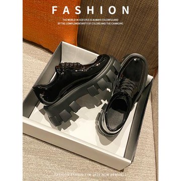 劉雯同款松糕厚底單鞋系帶小皮鞋女英倫風春秋百搭樂福鞋黑色鞋子