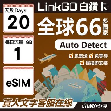 LINKGO白鑽卡 全球66國 eSIM卡 20天上網卡 每日1GB(全球網卡 亞洲 歐洲 美洲 大洋洲 非洲)