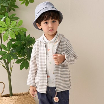 PIPPY經典格紋純棉小蝸牛吊飾連帽外套 灰-090