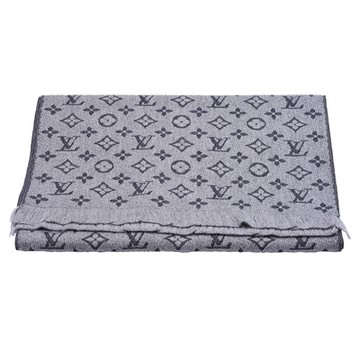 LV Louis Vuitton路易威登 M70932經典Monogram Classic系列雙色立體織花羊毛針織圍巾(淺灰色)