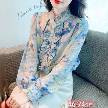 立領交叉荷葉亮片蕾絲滾邊暈染印花襯衫 M-2XL【762452X】【現+預】☆流行前線☆