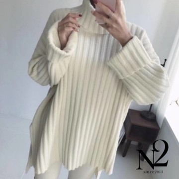 上衣 正韓高領反折設計前短後長粗針織毛衣(米白)N2