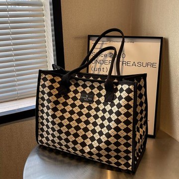 菱格手提購物袋帆布包女2025新大容量輕便旅行包男托特包健身包潮