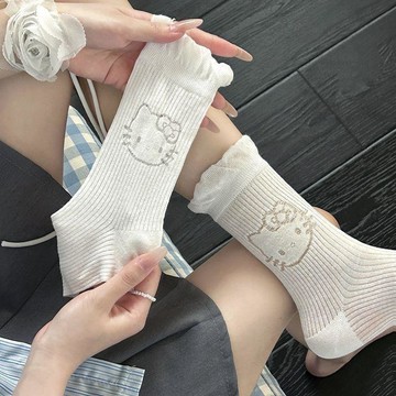 ✨臺灣出貨✨夏季ins花邊 學生百搭 薄款 網眼透氣 襪子 女 可愛 kt貓咪 純色中筒襪 日常穿搭 潮流 時尚 韓系