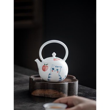 純手繪桃白萌貓玉蘭壺提梁壺白瓷高檔女士茶具泡茶壺單壺萌寵壺