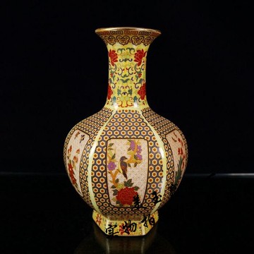 景德鎮瓷器花瓶琺瑯彩描金六方花瓶喜上枝頭花鳥花瓶客廳書法擺件