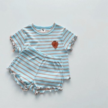 Mini baby🌷女寶寶夏季兩件套嬰幼兒條紋衫寶寶衣服女童冰絲夏天套裝