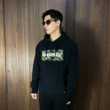 美國百分百【全新真品】Superdry 極度乾燥 連帽上衣 棉質 刷毛 SD 長袖上衣 迷彩 logo 黑色 BO29
