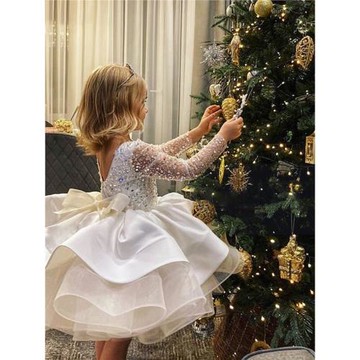 兒童生日禮服女孩寶寶長袖白色蓬蓬紗公主裙女童高端洋氣演出服夏