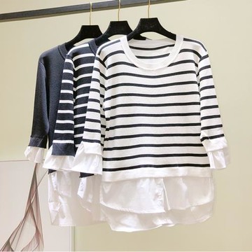 2025春季新款女裝韓版假兩件拼接冰絲針織衫女寬松套頭打底衫上衣