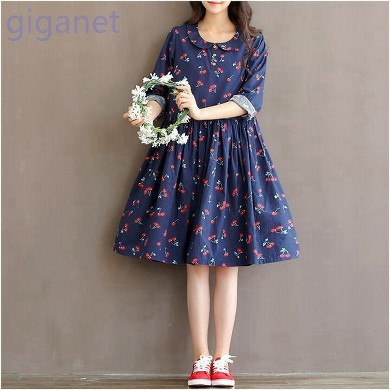 かわいいワンピース春ワンピース膝丈レディースプリントさくらんぼレトロaライン体型カバー 通販 Lineポイント最大get Lineショッピング