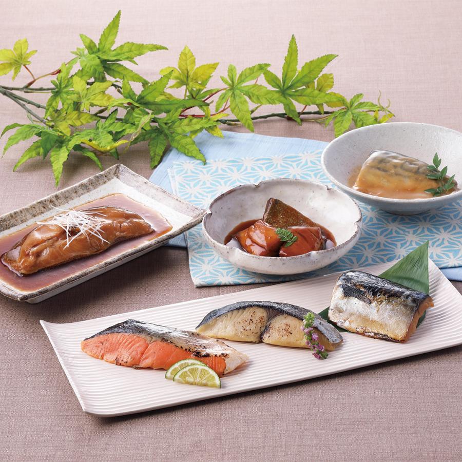 東京 「なだ万」 料亭の焼魚・煮魚詰め合せ 鰆西京焼、銀鮭西京焼、鯖西京焼、鰤の照り煮、鯖の味噌煮 各60g×各1、鰈の煮付け70g×1 