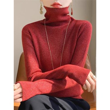 時髦~打底衫女2024新款寬松亮片木耳邊高領內搭針織衫堆堆領毛衣