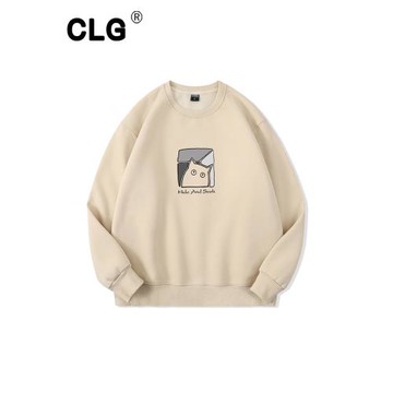 香港潮牌日系簡約圓領衛衣男秋冬躲貓貓印花長袖加絨寬松百搭外套