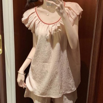 韓甜美度假風寬松透氣小心機露背系帶撞色睡衣連衣裙套裝