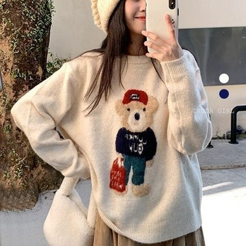 《杜達女孩》慵懶小奶熊🐻針織毛衣 羊絨混紡針織上衣 混羊絨小熊毛衣 厚毛衣 秋冬毛衣 針織長袖 長袖毛衣 寬鬆毛衣 女