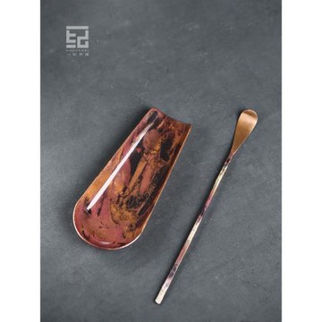 一紀手工茶則茶勺兩件套燒色紫銅茶荷茶匙茶鏟茶道六君子茶具配件