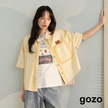 【gozo】暈影水洗牛仔短袖襯衫(桔色/米白_F) | 女裝 襯衫領 休閒