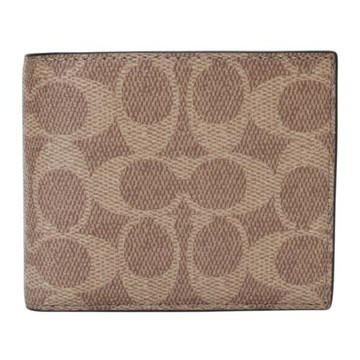 COACH-防刮 LOGO皮革8卡透明夾層對折短夾(深卡其)