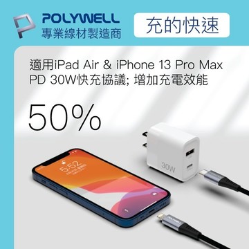 寶利威爾 POLYWELL 30W PD雙孔快充頭 Type-C充電器 豆腐頭 適用蘋果iPhone快充