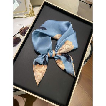 藍色真絲絲巾小方巾女100%桑蠶絲韓式高級感2025新款高檔時尚百搭