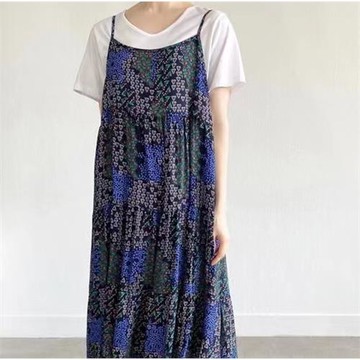 韓國女裝chic碎花吊帶連衣裙2023夏季長款寬松顯瘦復古小眾裙子