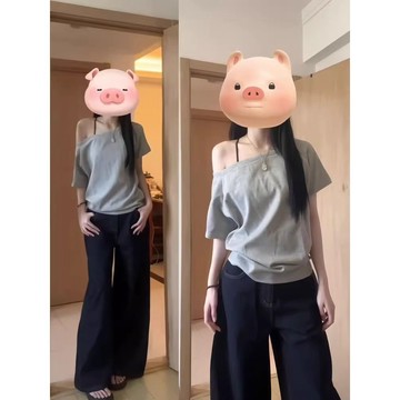 TGNS 純棉 t恤 一字領斜肩 設計感上衣 短袖衣服 上衣 oversize T恤 潮流衣服 夏天衣服 寬鬆 衣服女