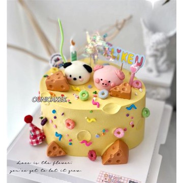 網紅奶酪蛋糕裝飾擺件卡通可愛小豬小狗擺件蠟燭HB彩旗插牌插件