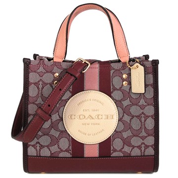 COACH DEMPSEY 緹花LOGO皮革大圓標TOTE 22紙袋兩用包(卡其酒紅色)