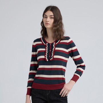 ILEY伊蕾 撞色條紋羊毛針織上衣(紅；M-XL)