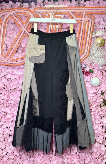 OTT只此一件•日系浪漫風撞色洗水黑杏啡牛仔蕾絲闊褲