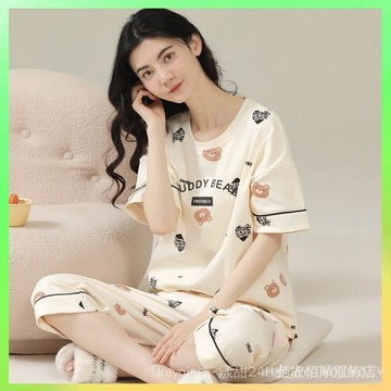 🔥臺灣出貨 【4.8萬人好評】100%棉質睡衣女款夏季純棉夏款2024年新款女士短袖七分褲套裝傢居 限時特賣X315