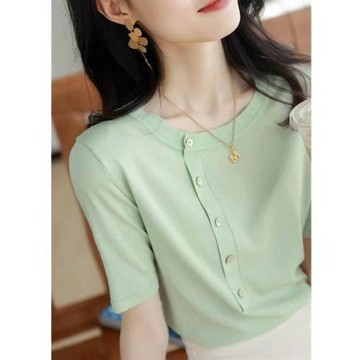 正品哥家新款2025夏季冰絲短袖圓領紐扣修身純色套頭針織衫上衣