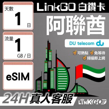 LinkGO白鑽卡 阿聯酋 eSIM卡 1天上網卡 每日1GB  高速流量(阿聯酋網卡 杜拜 阿布達比 阿吉曼)