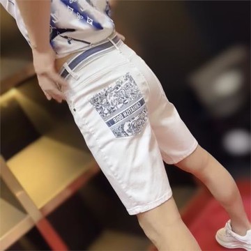 日系輕奢網紅款白色潮牌后兜印花牛仔短褲男休閑修身直筒五分褲夏