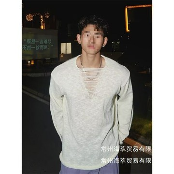 春秋性張力鏤空針織衫男深V慵懶風套頭毛衣男薄款破壞設計感批發鑫弘-衣錦男裝